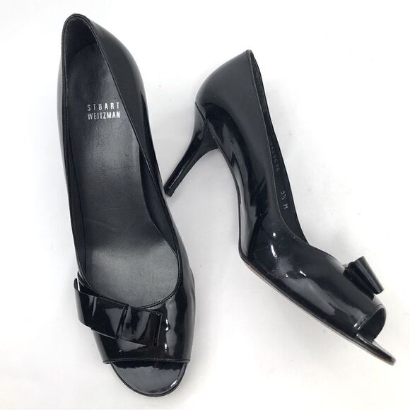 Stuart Weitzman Black Patent Leather Open Toe Classic Heels - Picture 4 of 13